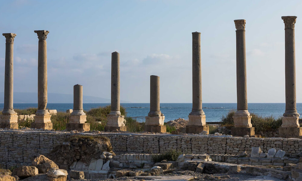 Ancient columns at the previously discovered Al-Mina archaeological site, South Governorate, Tyre, Lebanon 